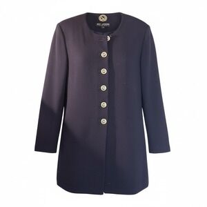 St. John Santana Knit Skirt Suit 6 Navy Blue Gold Button Longline Jacket Set